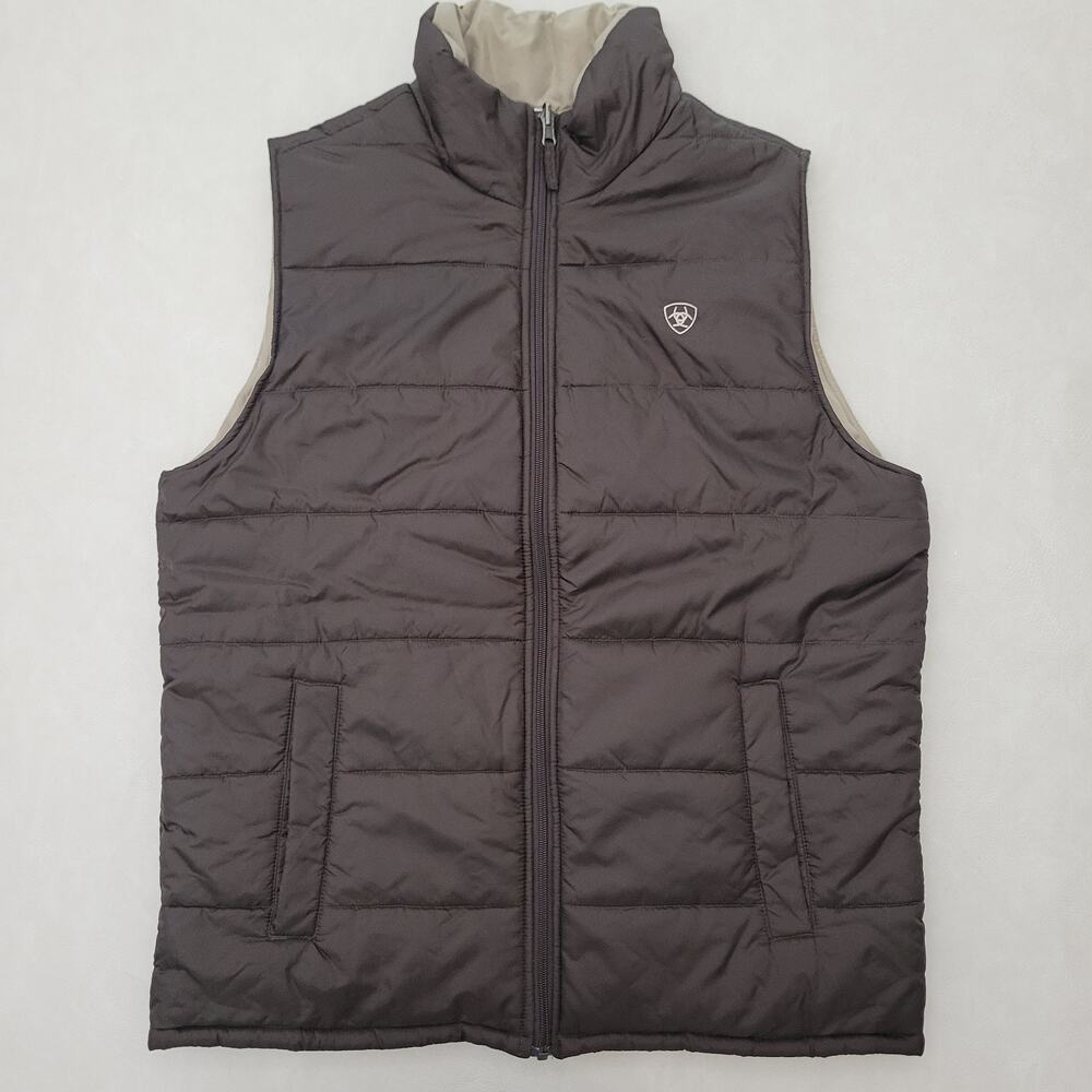Ariat Puffer Vest Mens Size L Brown Beige Reversible Full Zip Insulated Outdoor